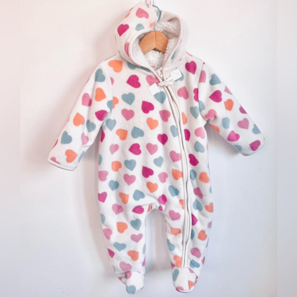 🩷 Like New Sherpa Thick Bunting Suit Snowsuit, Ivory & 🩷🩵🧡 Hearts, Hood, Girl